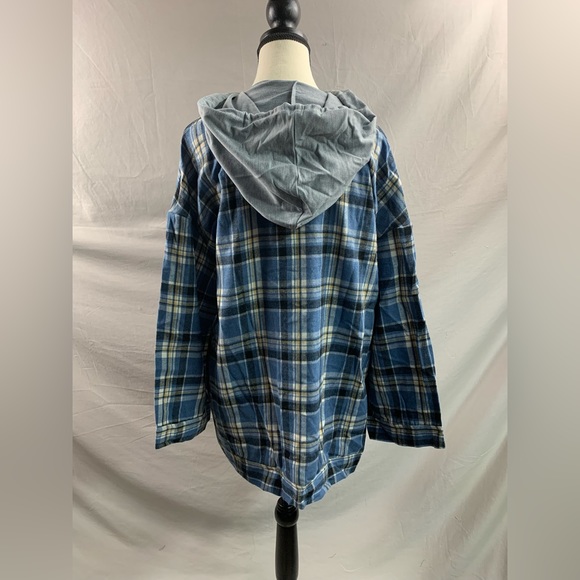 Blue Plaid Shacket with Drawstring Hoodie - Picture 7 of 7